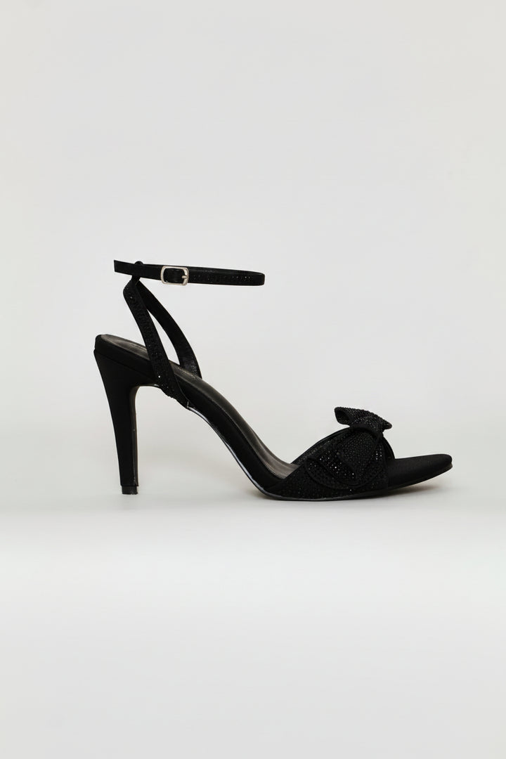 Ankle Strap Side Bow Detail Stiletto Heel - Black