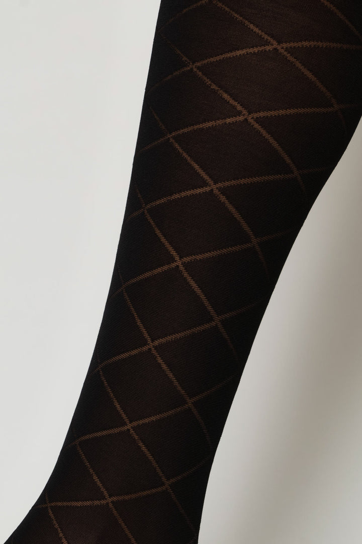 Opaque Diamond Pattern Fashion Stocking - Black