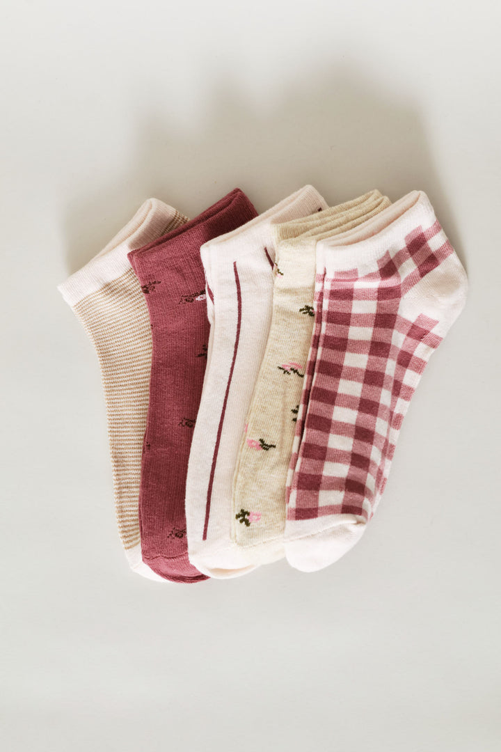 5 Pack Gingham Floral Low Cut Socks - Pink