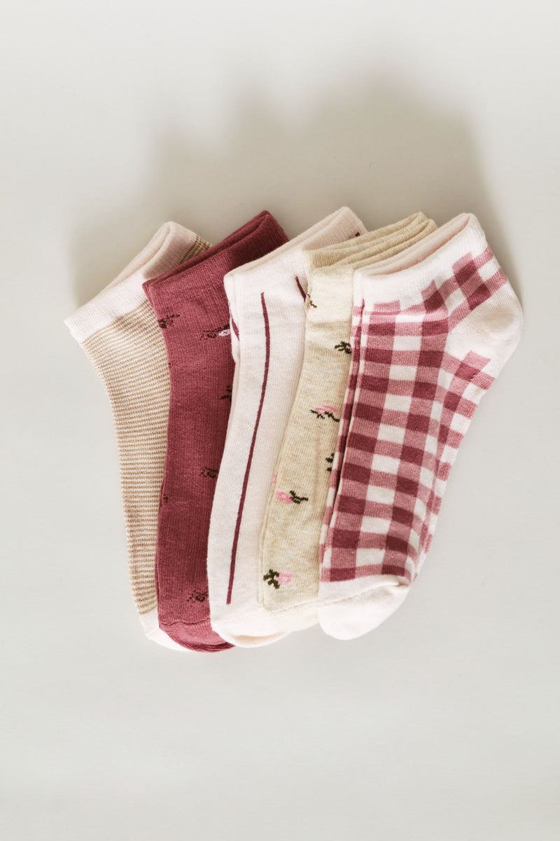 5 Pack Gingham Floral Low Cut Socks - Pink