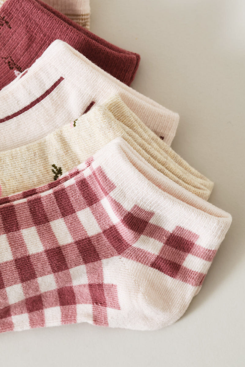 5 Pack Gingham Floral Low Cut Socks - Pink
