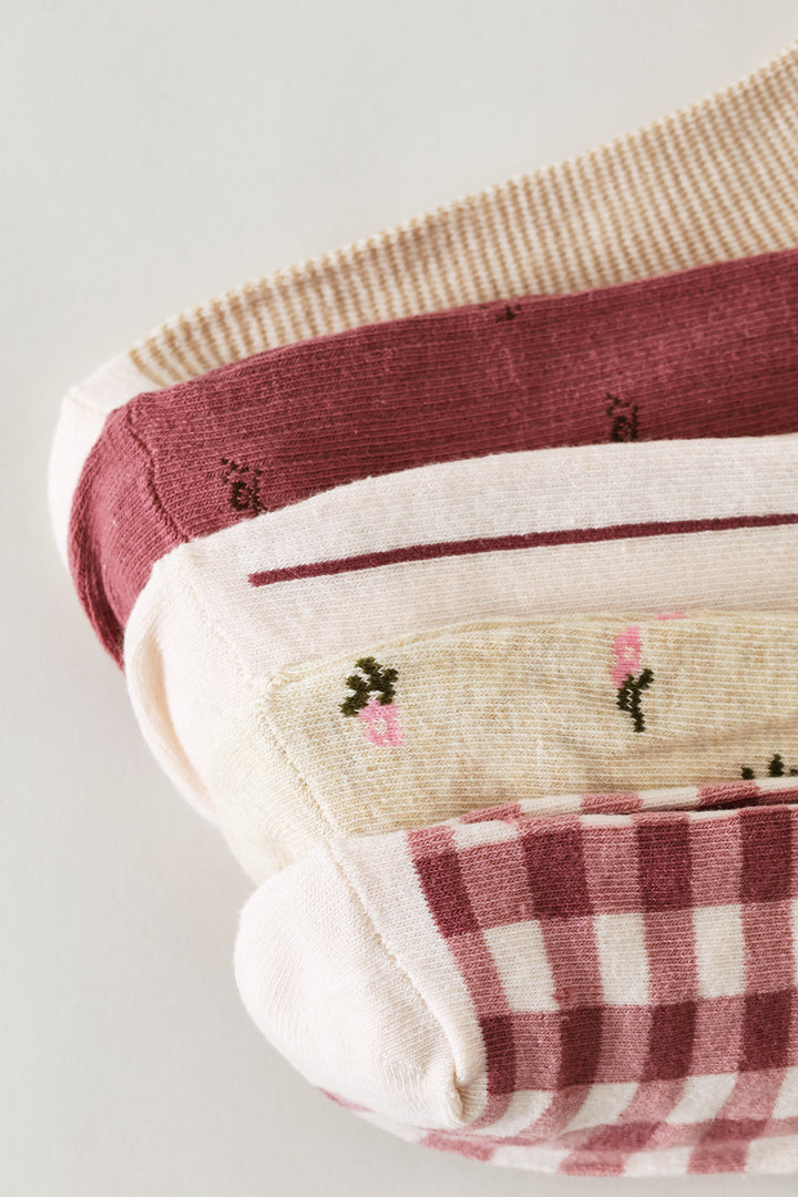 5 Pack Gingham Floral Low Cut Socks - Pink