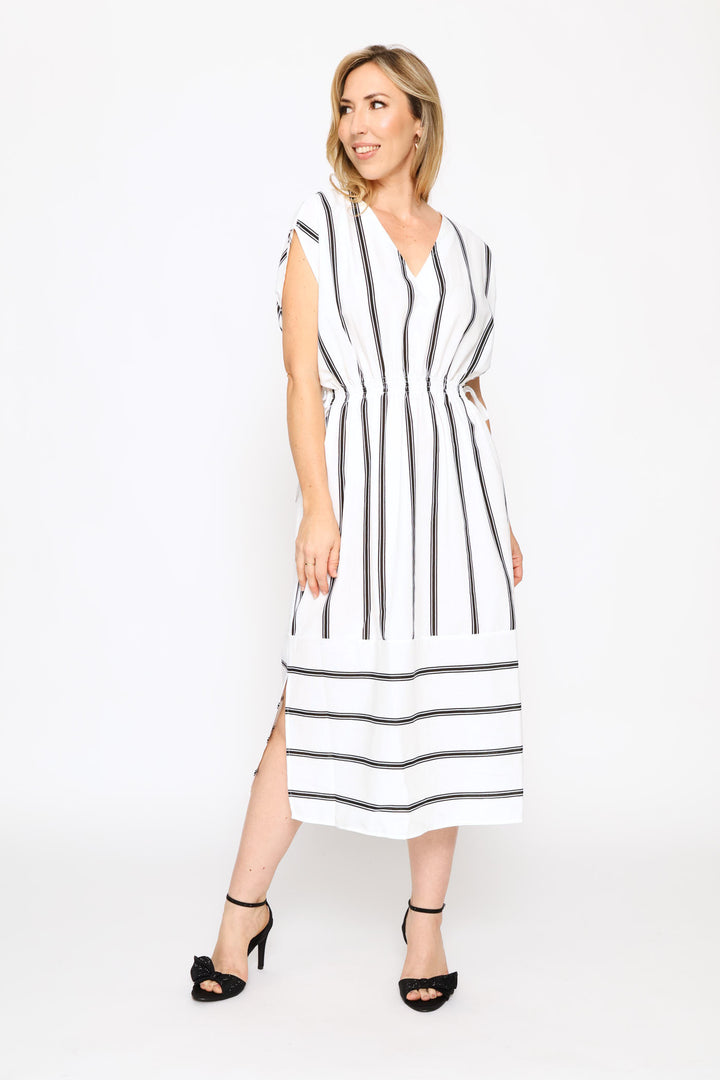 V-Neck Shirred Waist Striped Kaftan - Cream/Black