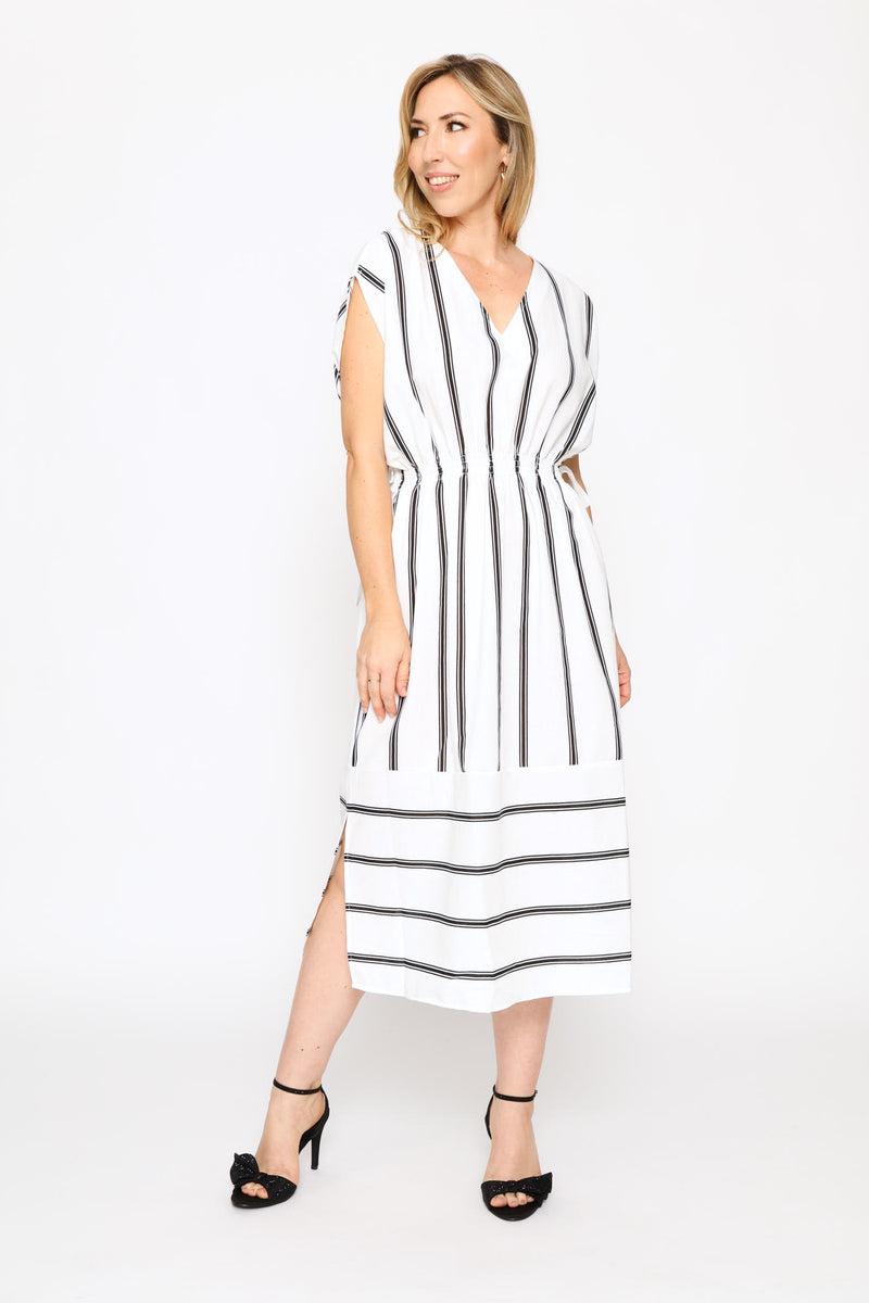 V-Neck Shirred Waist Striped Kaftan - Cream/Black