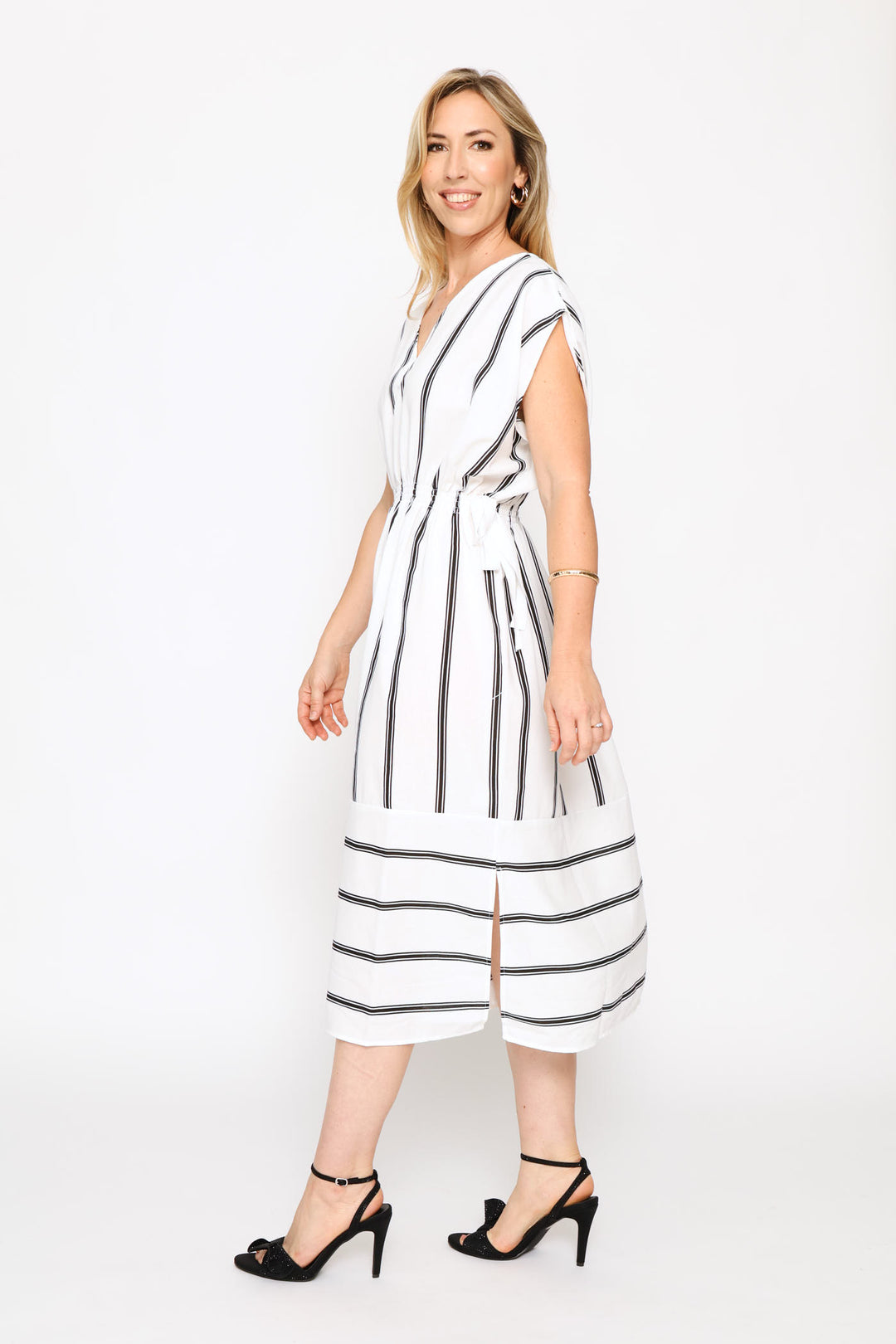 V-Neck Shirred Waist Striped Kaftan - Cream/Black