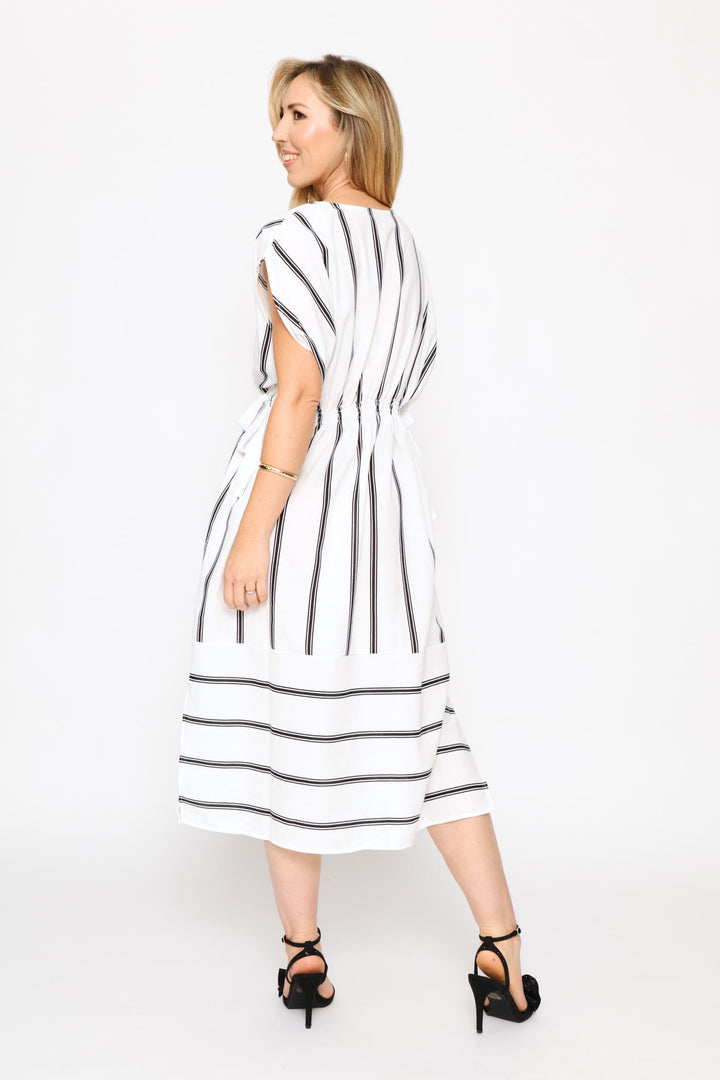V-Neck Shirred Waist Striped Kaftan - Cream/Black