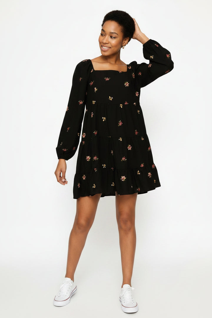 Textured Tiered Floral Babydoll Dress - Black