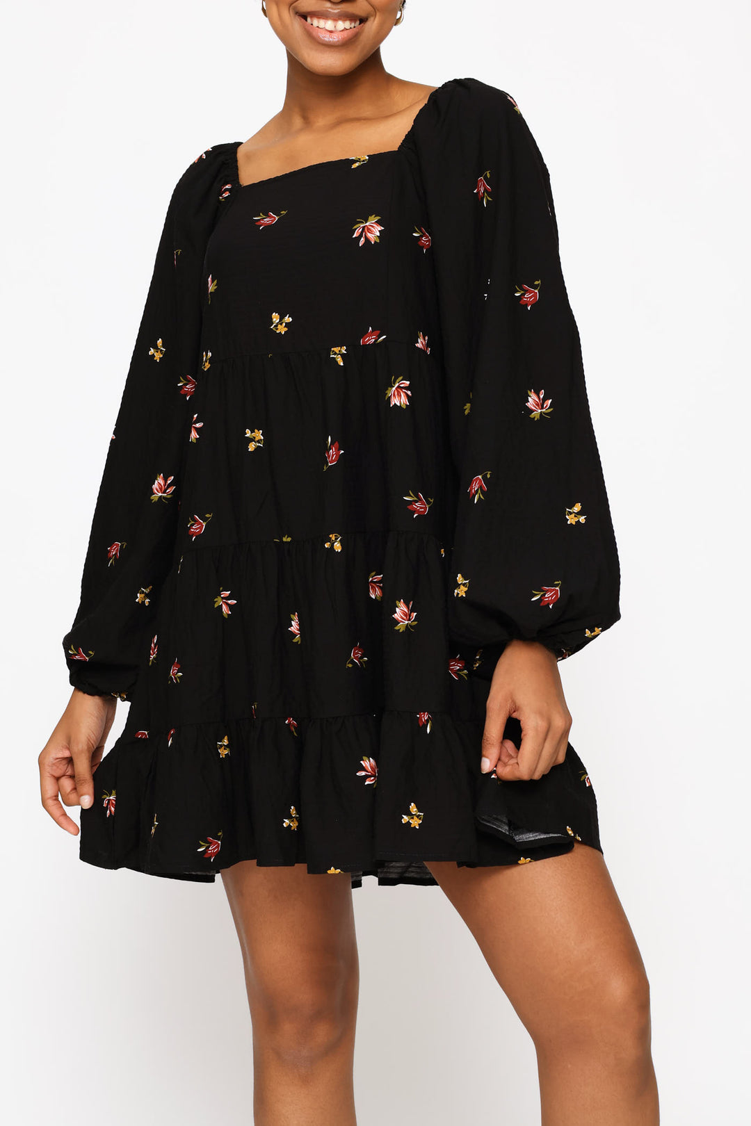 Textured Tiered Floral Babydoll Dress - Black