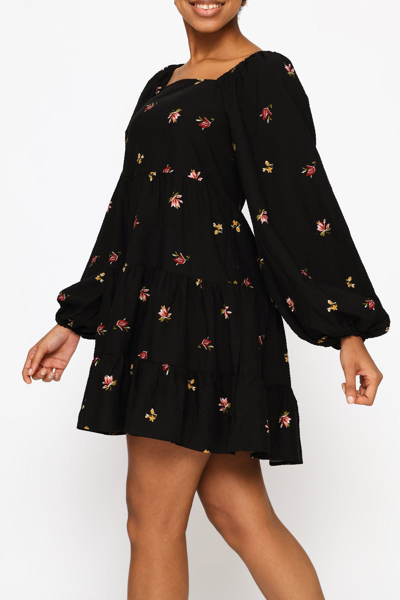 Textured Tiered Floral Babydoll Dress - Black
