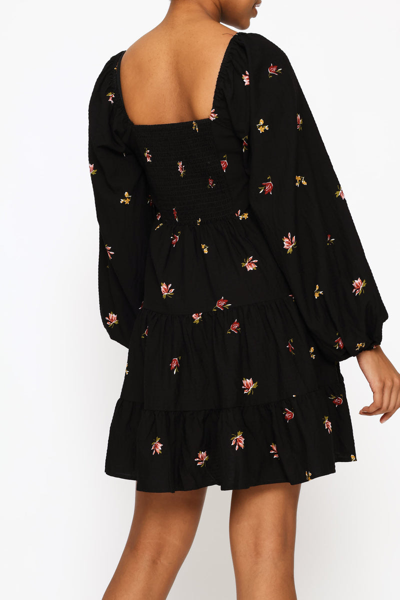 Textured Tiered Floral Babydoll Dress - Black