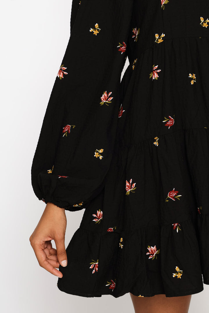 Textured Tiered Floral Babydoll Dress - Black