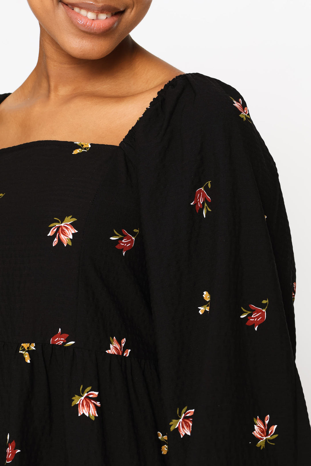 Textured Tiered Floral Babydoll Dress - Black