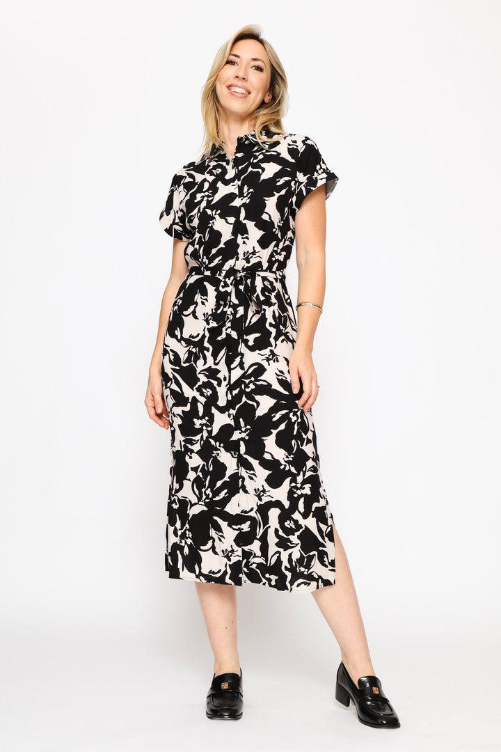 Belted Printed Midaxi Shirt Dress - Stone/Black