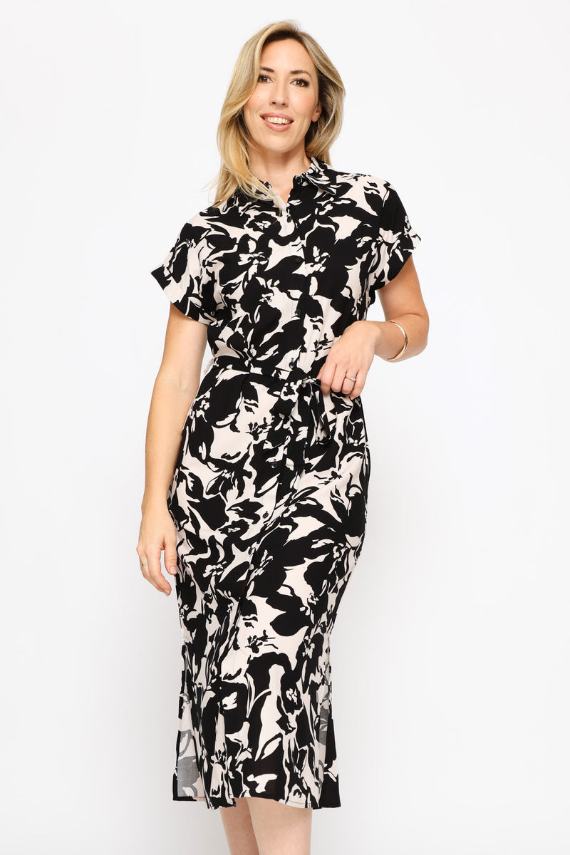 Belted Printed Midaxi Shirt Dress - Stone/Black