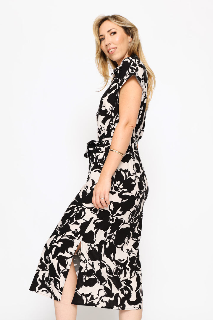Belted Printed Midaxi Shirt Dress - Stone/Black