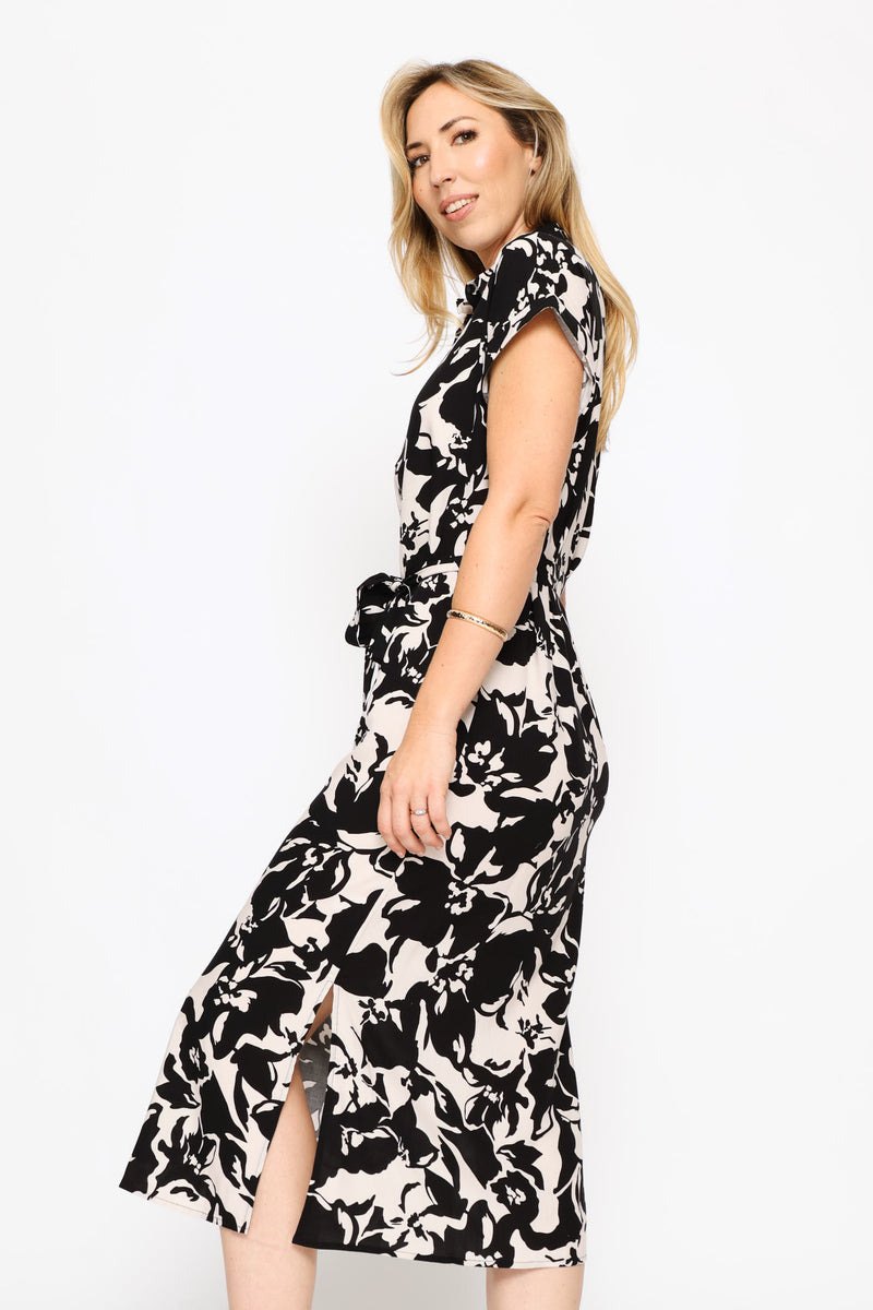 Belted Printed Midaxi Shirt Dress - Stone/Black