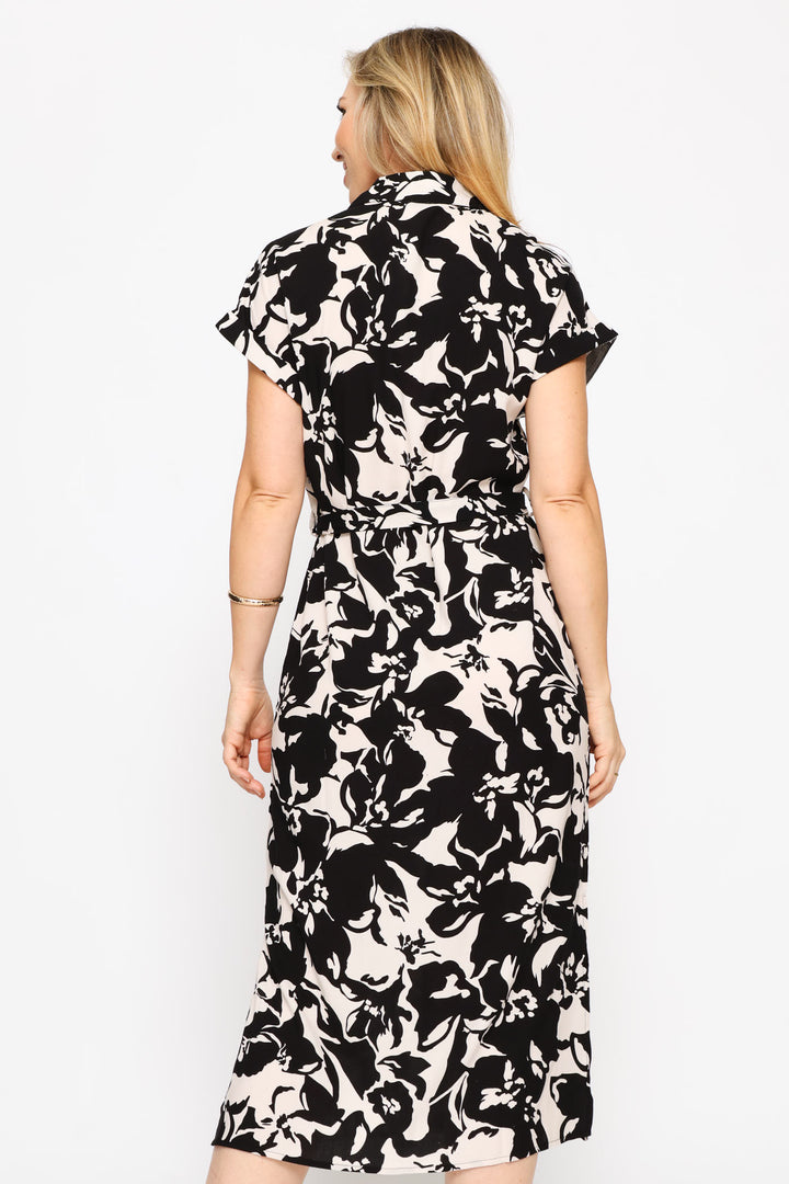Belted Printed Midaxi Shirt Dress - Stone/Black