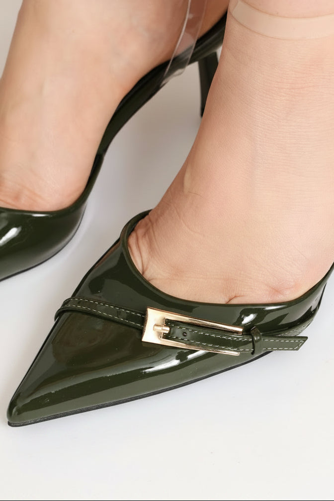 Ankle Strap & Buckle Detail Pointed Toe Mule Heel - Green