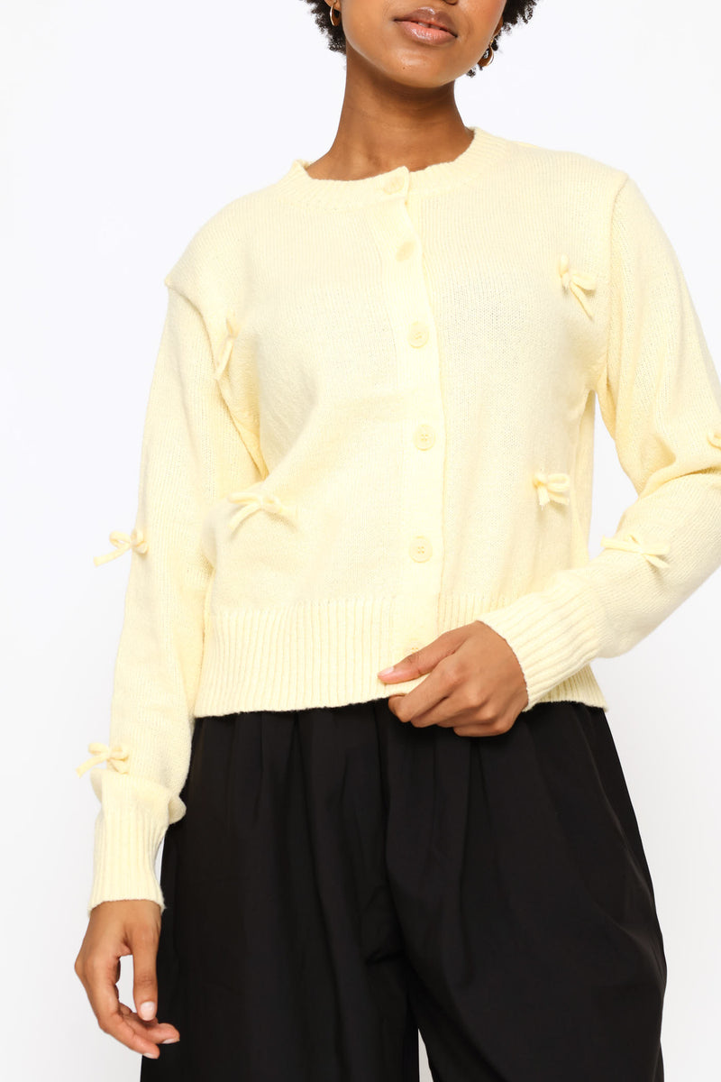 3D Bow Crew Neck Cardigan - Light Yellow