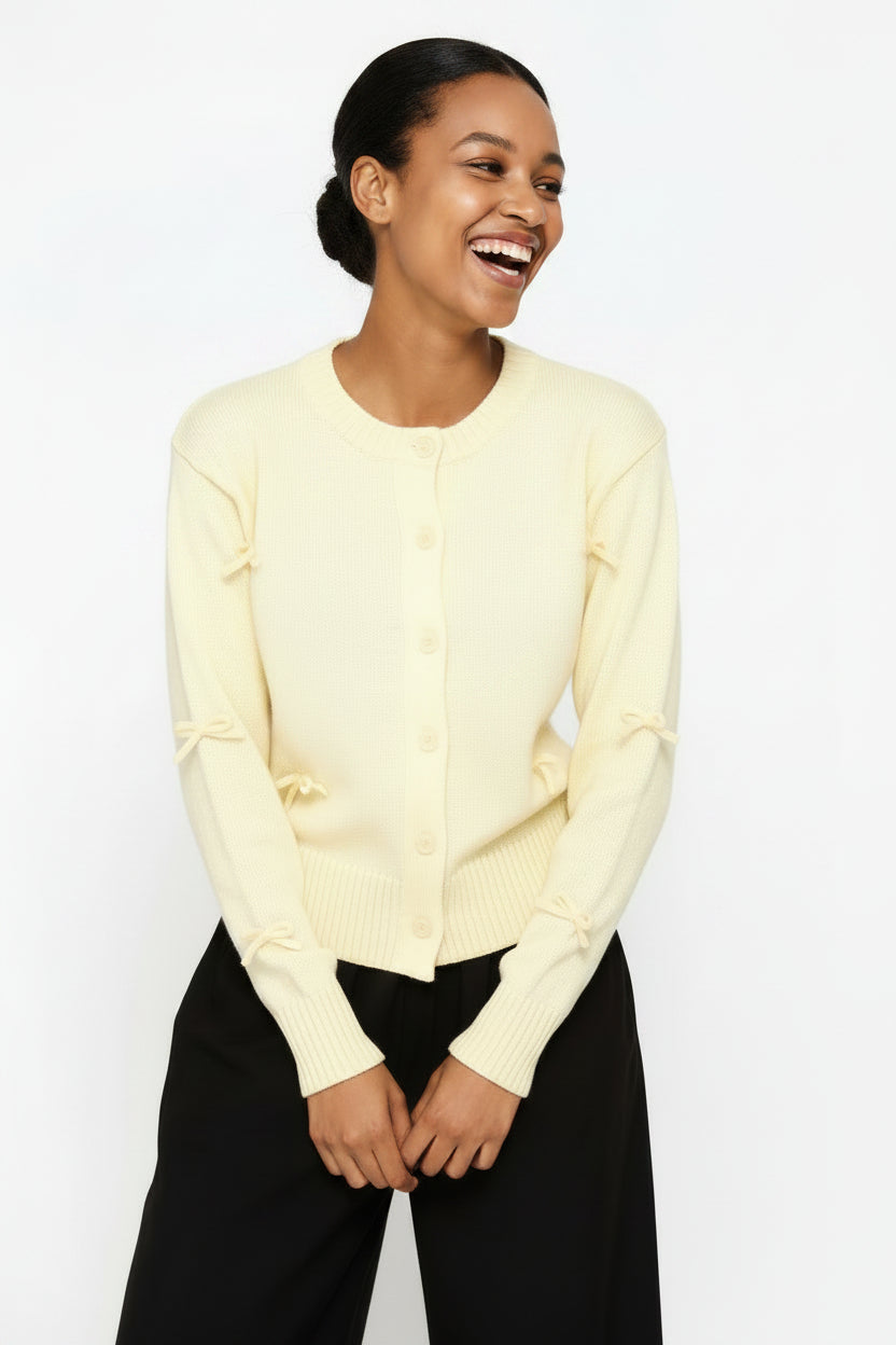 3D Bow Crew Neck Cardigan - Light Yellow