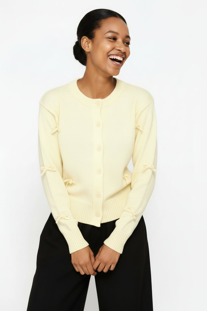 3D Bow Crew Neck Cardigan - Light Yellow