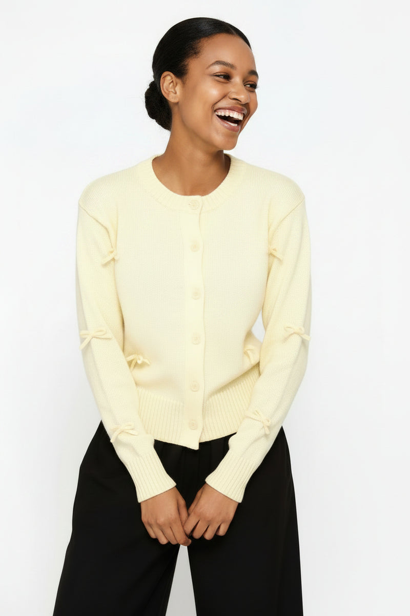 3D Bow Crew Neck Cardigan - Light Yellow