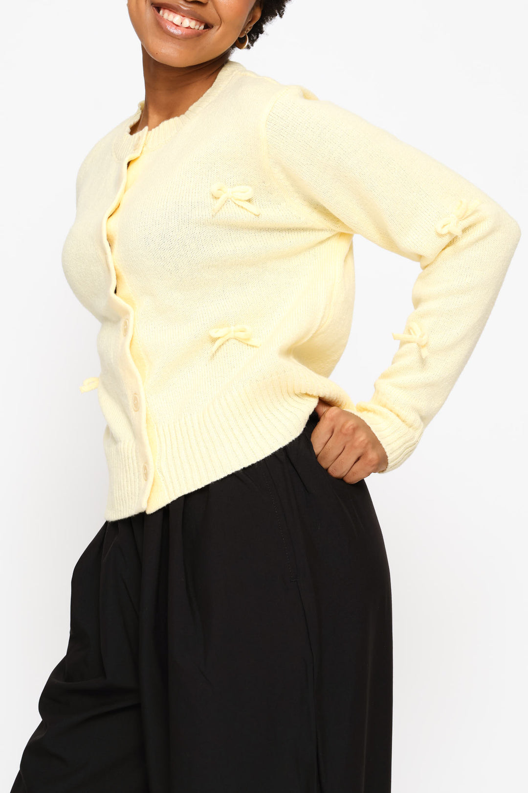 3D Bow Crew Neck Cardigan - Light Yellow