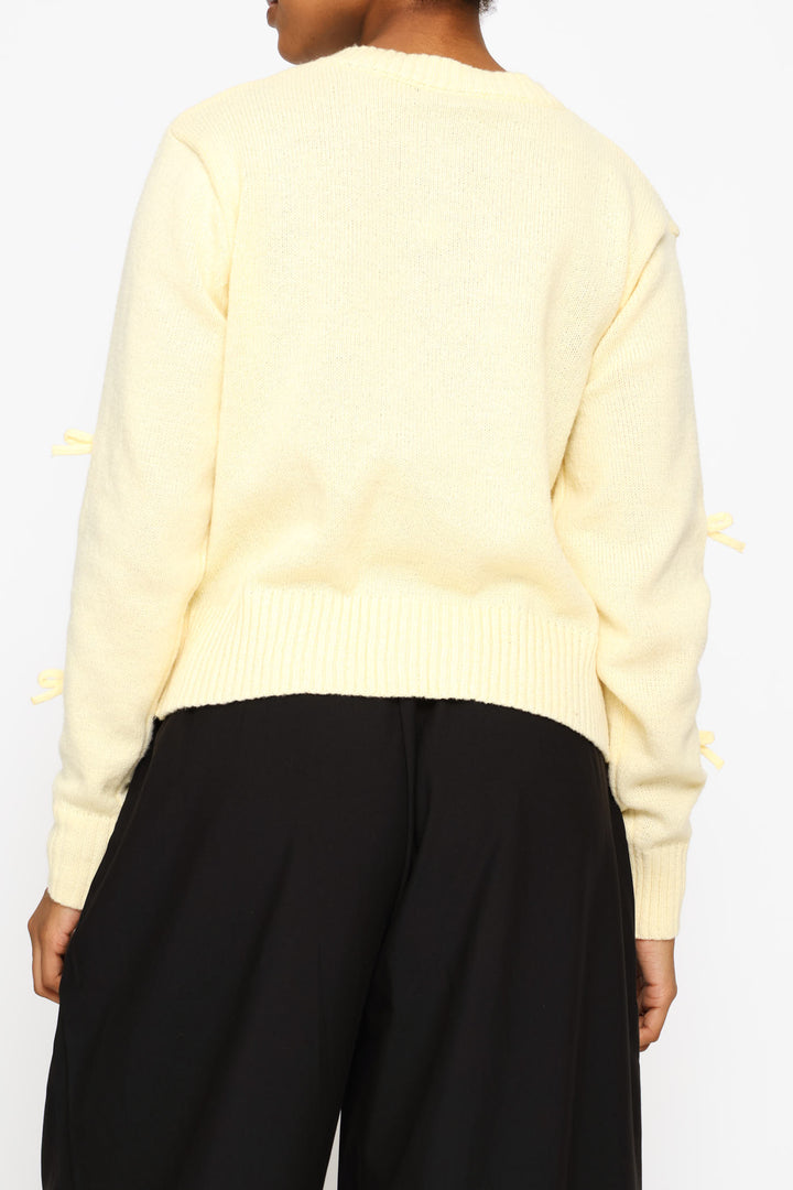 3D Bow Crew Neck Cardigan - Light Yellow