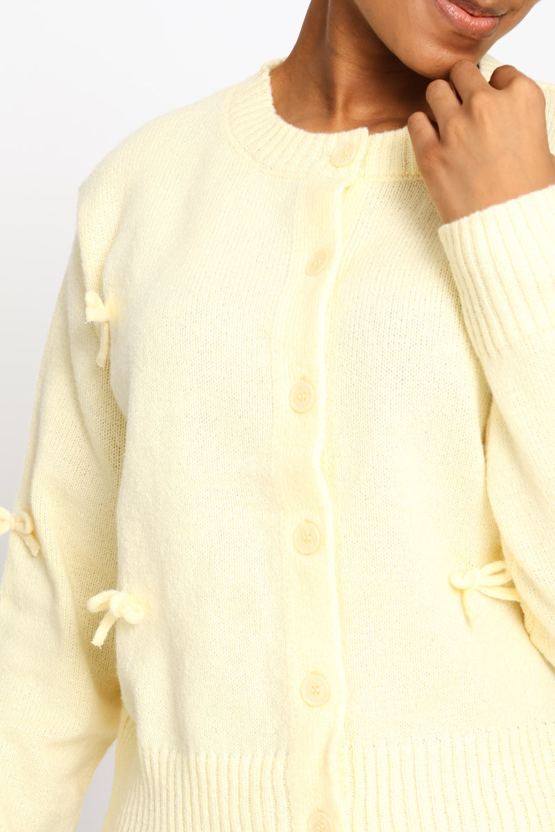 3D Bow Crew Neck Cardigan - Light Yellow