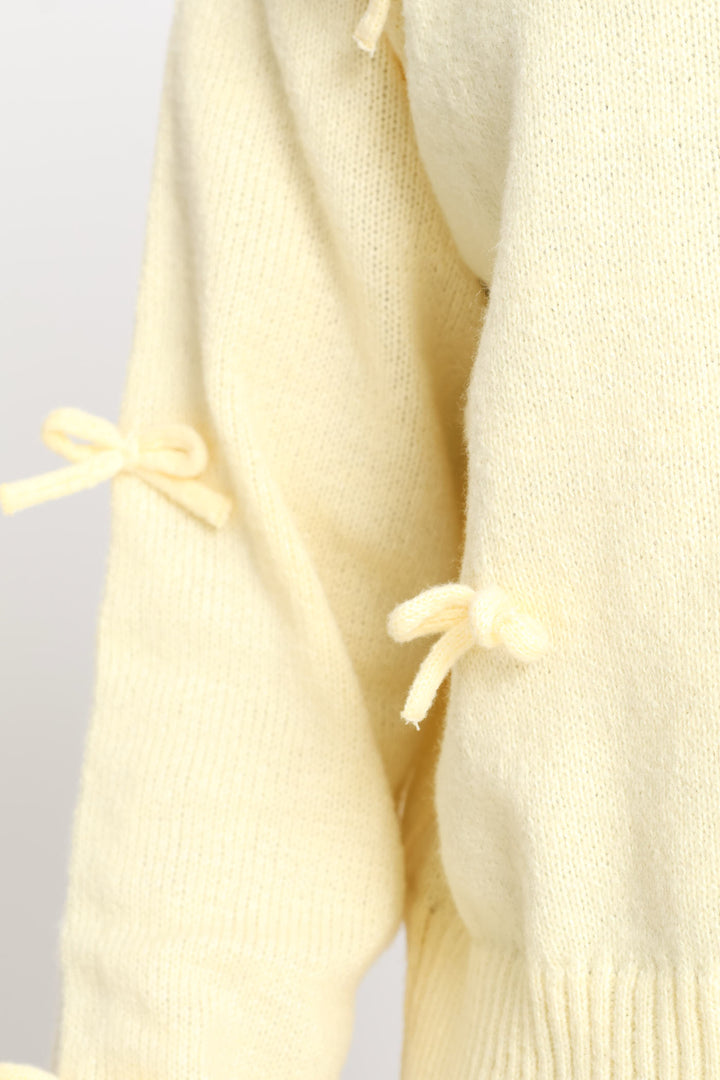 3D Bow Crew Neck Cardigan - Light Yellow