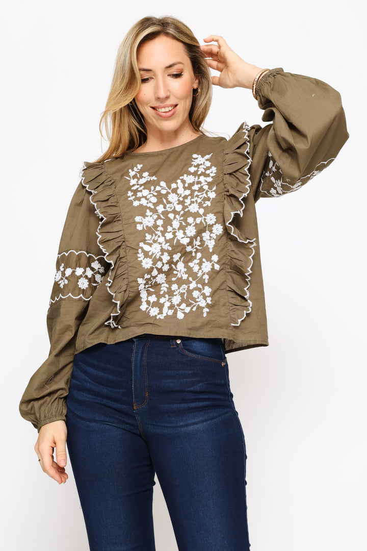 Long Sleeve Frill Detail Embroidered Blouse - Fatigue