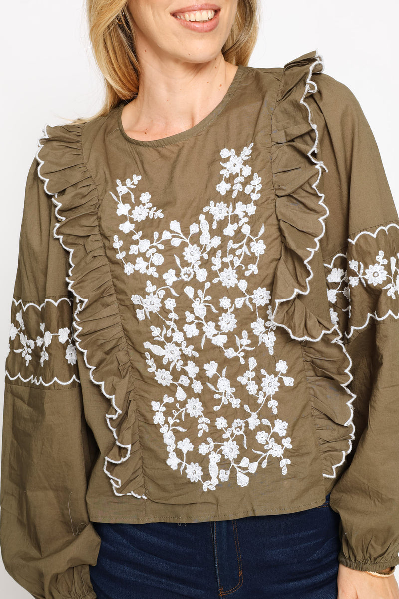 Long Sleeve Frill Detail Embroidered Blouse - Fatigue