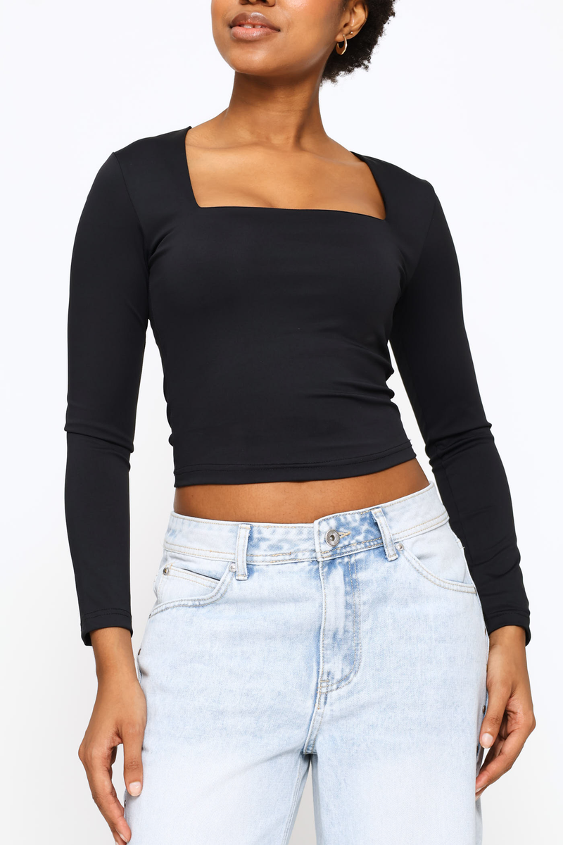 Skin Tight Square Neck Basic Long Sleeve Top - Black
