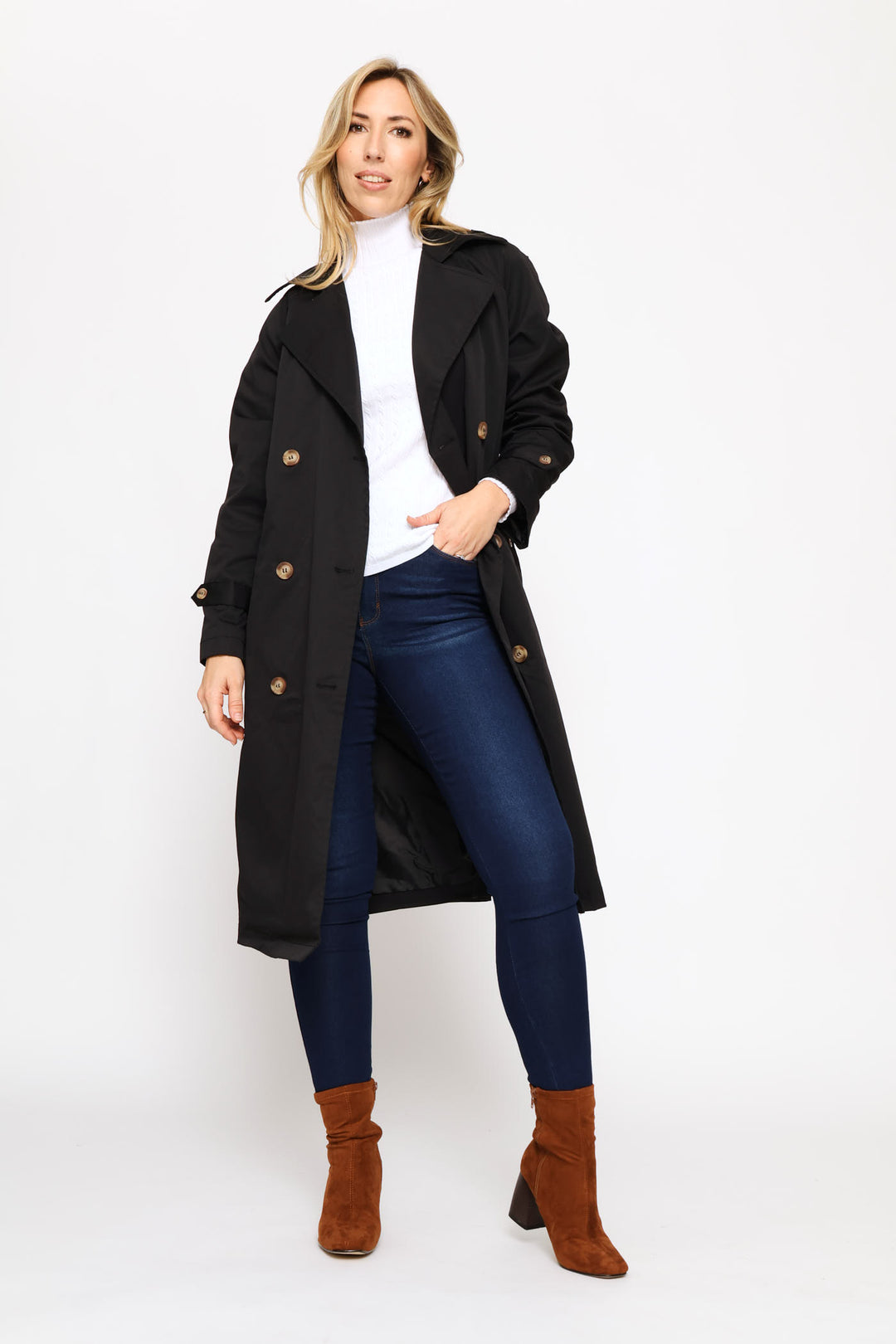Epaulette & Button Detail Classic Trench Coat - Black