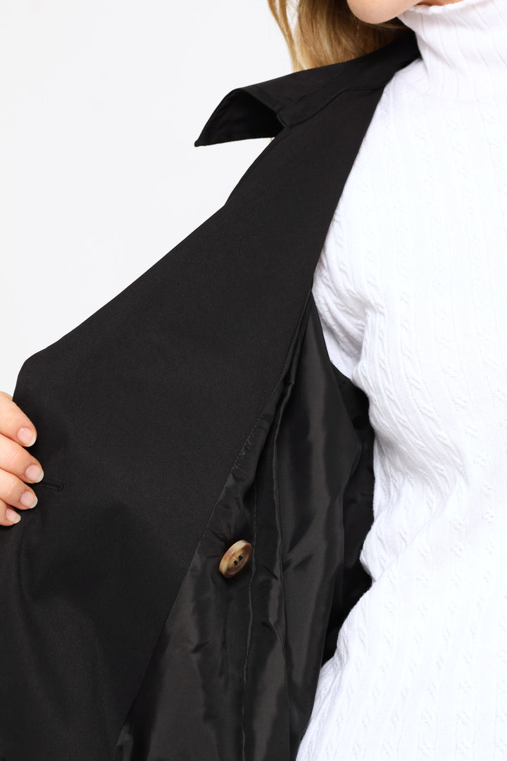 Epaulette & Button Detail Classic Trench Coat - Black