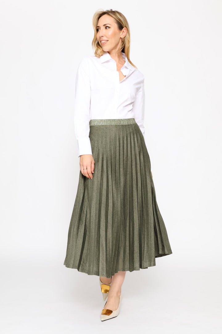 Exposed Waistband Cut & Sew Pleated Midi Skirt - Fatigue