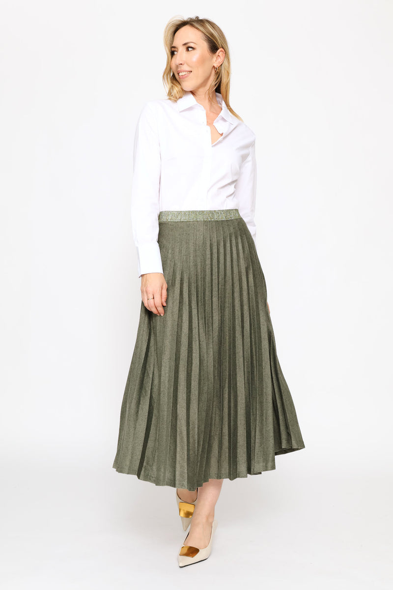 Exposed Waistband Cut & Sew Pleated Midi Skirt - Fatigue