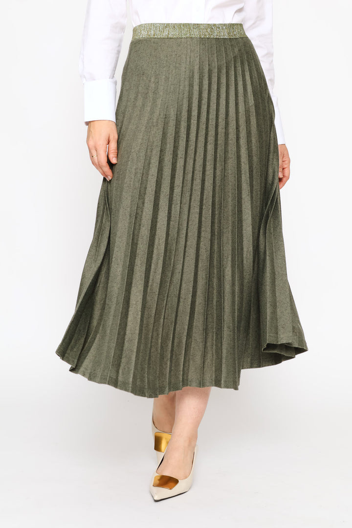 Exposed Waistband Cut & Sew Pleated Midi Skirt - Fatigue