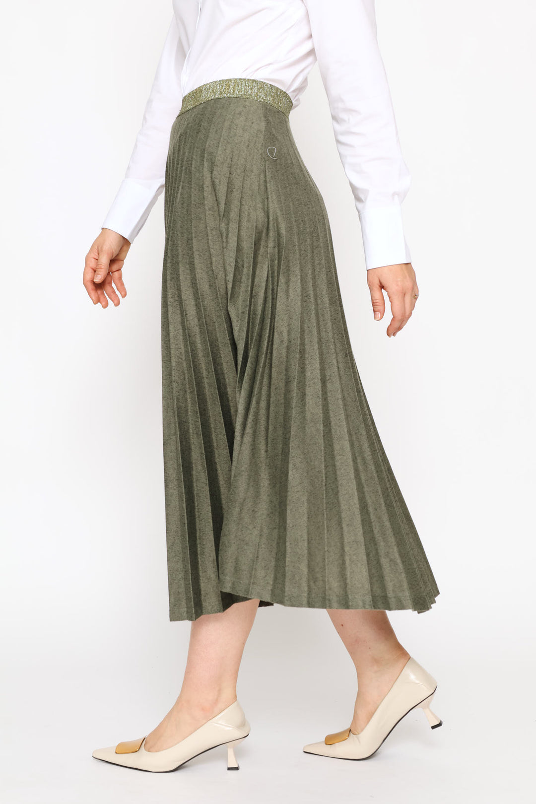 Exposed Waistband Cut & Sew Pleated Midi Skirt - Fatigue
