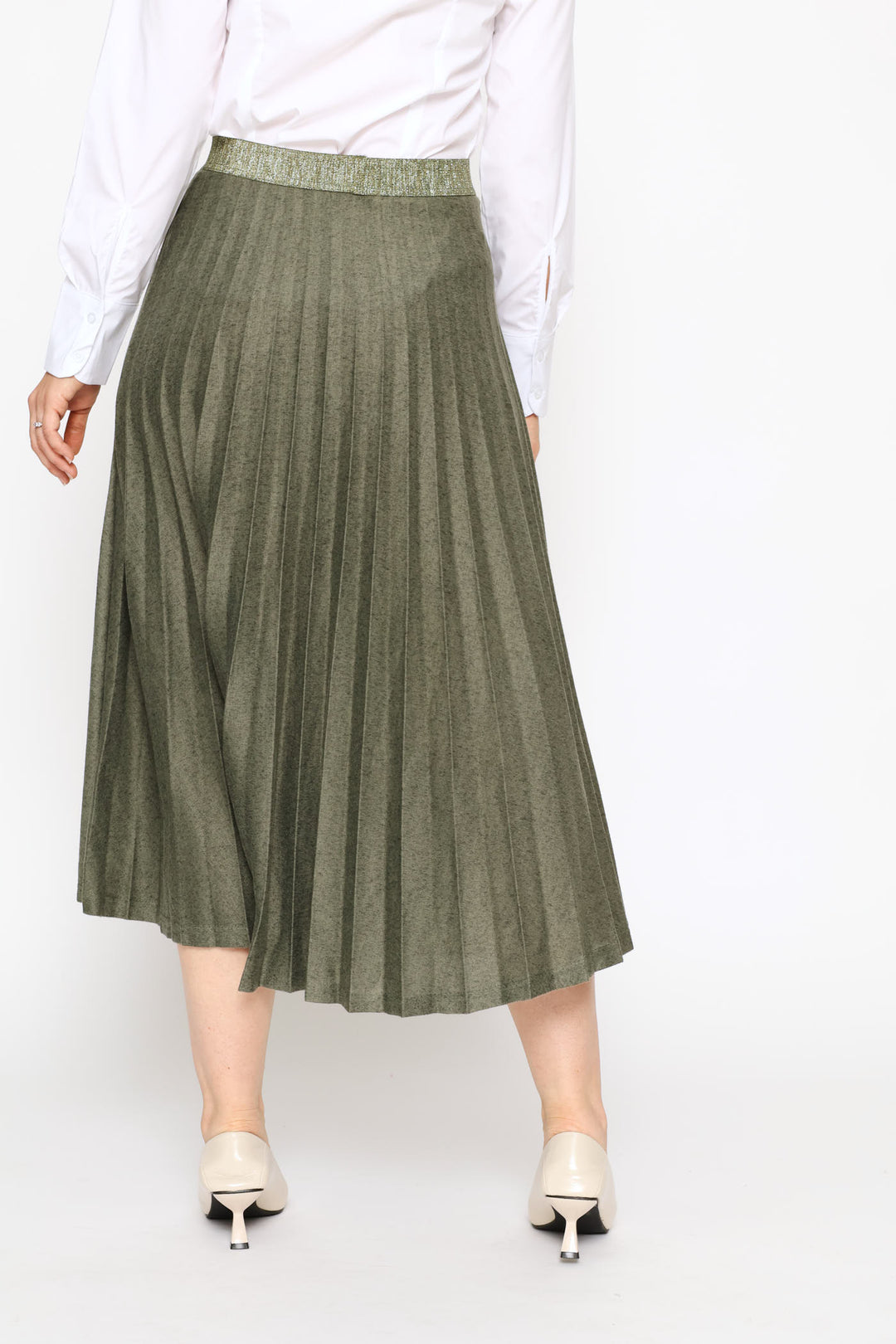 Exposed Waistband Cut & Sew Pleated Midi Skirt - Fatigue