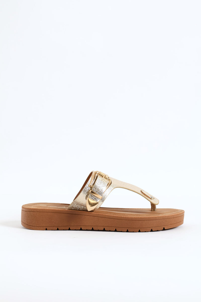 Thong With Belt Detail On Comfort Outsole Sandal - Gold