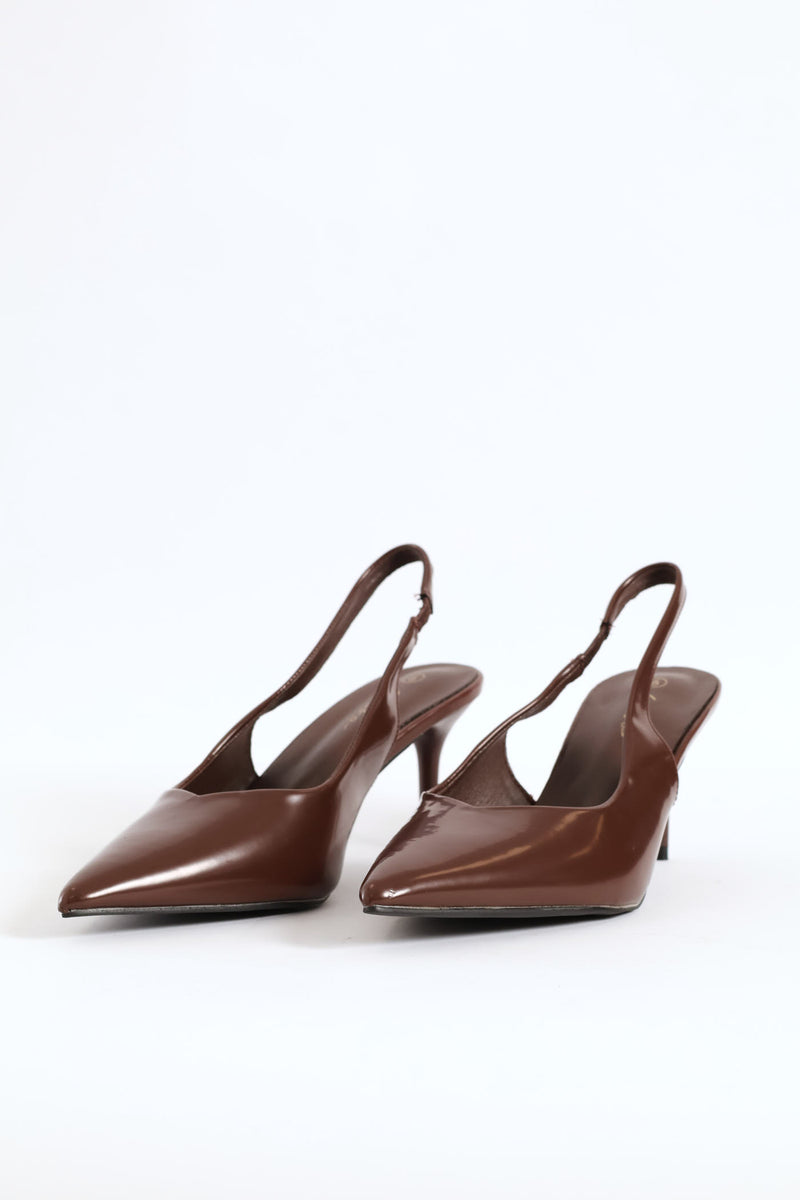 V Cut Sling Back Kitten Heel - Brown