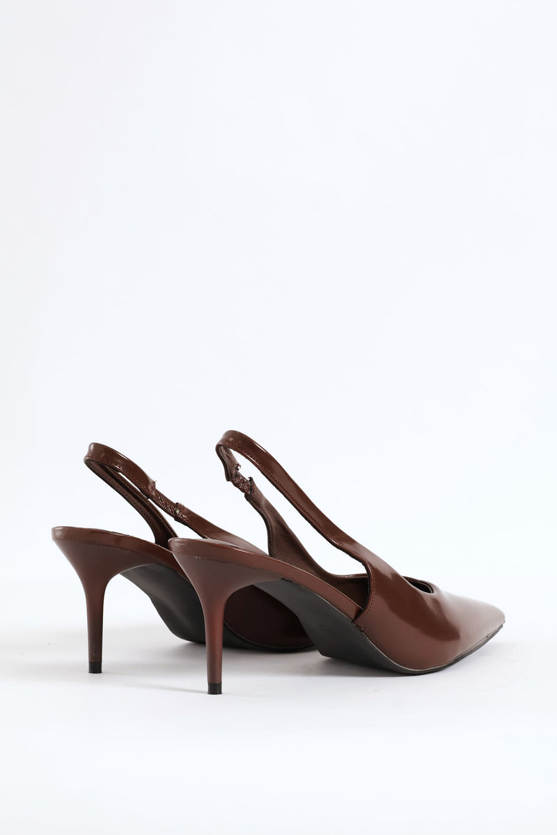 V Cut Sling Back Kitten Heel - Brown