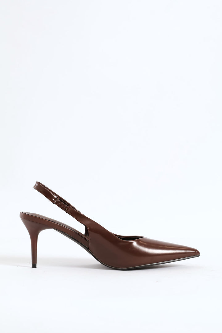 V Cut Sling Back Kitten Heel - Brown