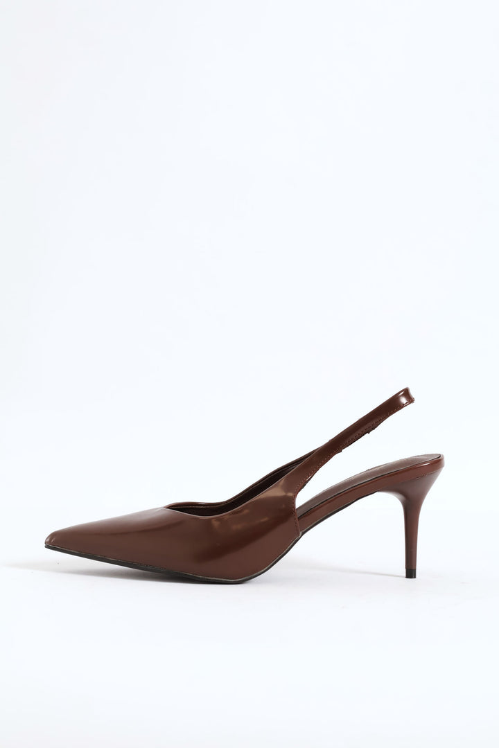 V Cut Sling Back Kitten Heel - Brown
