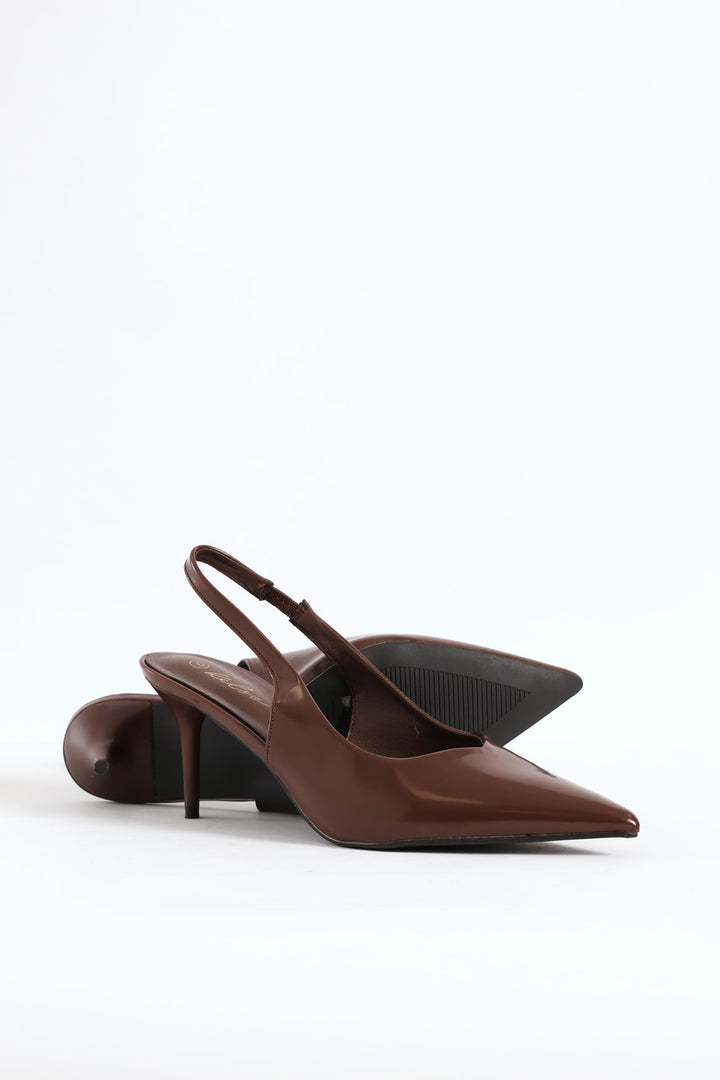 V Cut Sling Back Kitten Heel - Brown