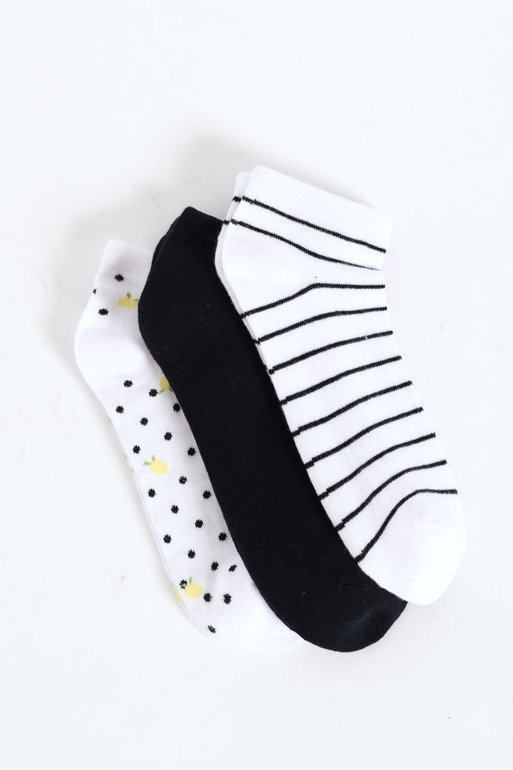 3 Pack Lemon Spots Low Cut Socks - White/Navy