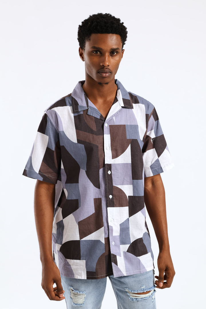 Geo Cotton Slub Print Shirt - Light Blue
