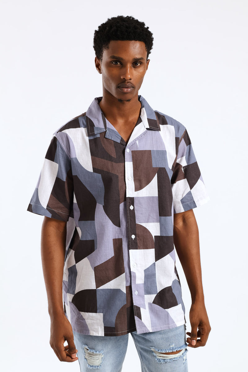 Geo Cotton Slub Print Shirt - Light Blue