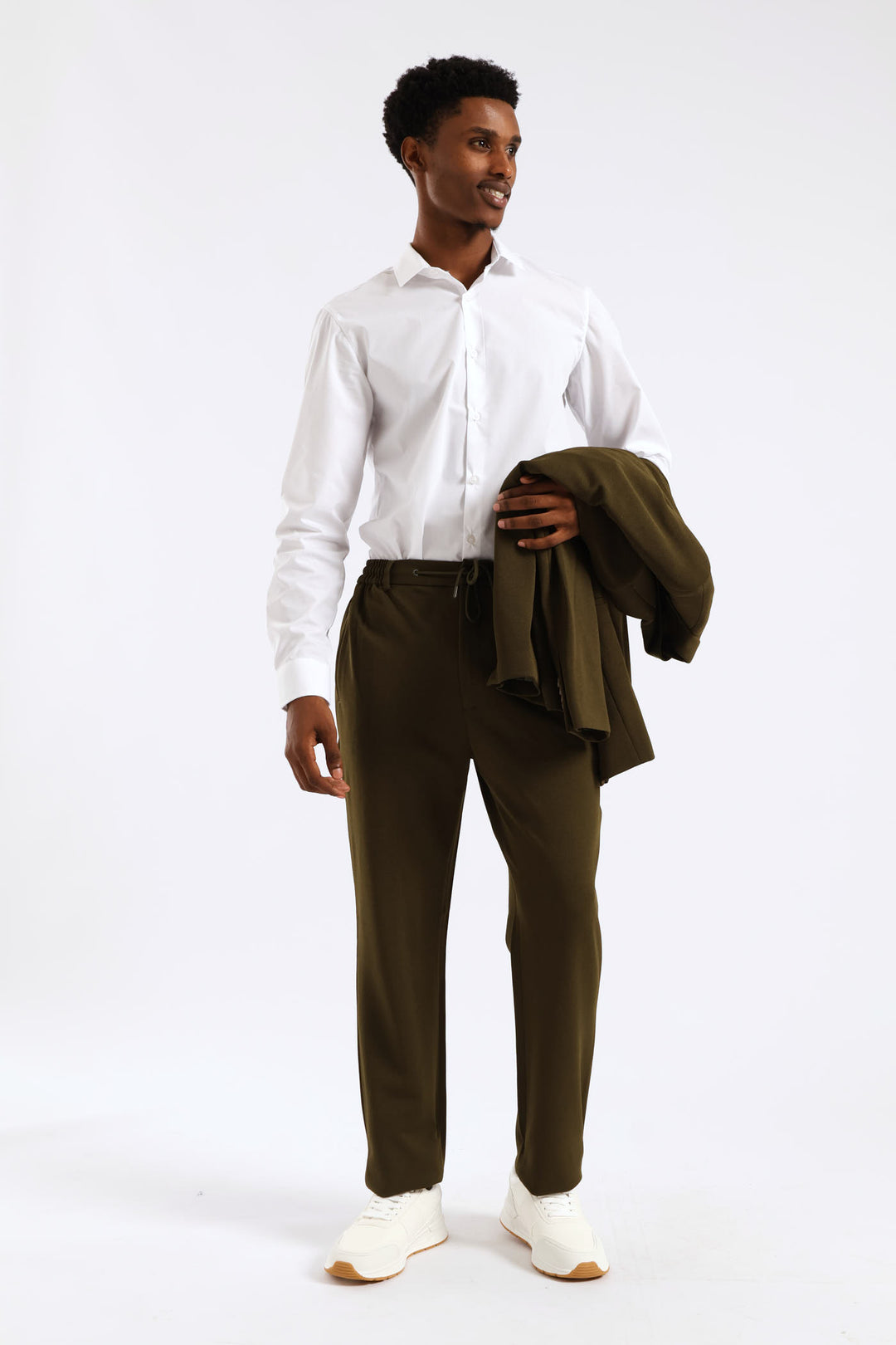 Textured Stretch Elasticated Trouser - Olive